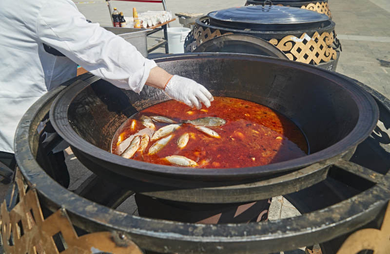 户外柴火铁锅炖煮的刚捕捞的野生鱼汤