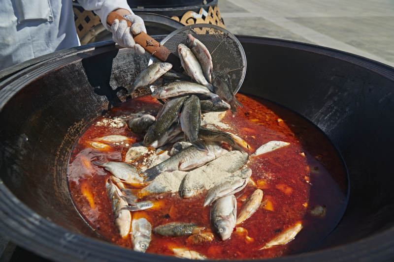 户外柴火铁锅炖煮的刚捕捞的野生鱼汤