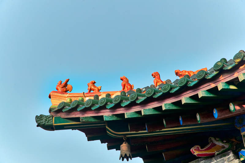 中国河北省张家口市堡子里景区古建筑飞檐特写