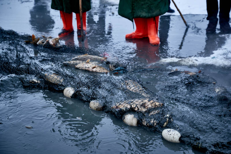 冬季湖面冰上捕鱼活动