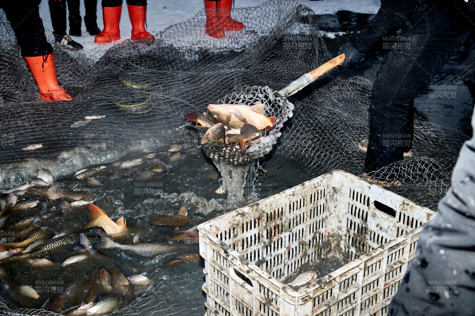 冬季湖面冰上捕鱼活动