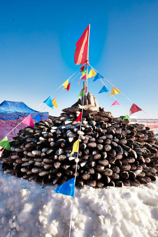 用冬捕野生湖鱼堆积的敖包