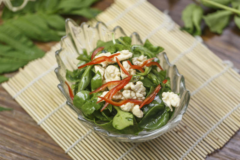 器皿装的凉菜桃仁穿心莲