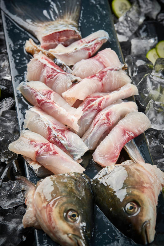 将晶莹白润的鲜鱼片码放在黑色的圆瓷盘上