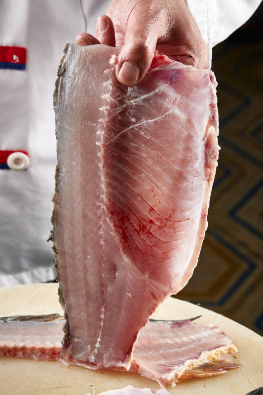 白色砧板上厨师用精湛的刀工展示生鱼片及鲜鱼料理切割分切的刀工