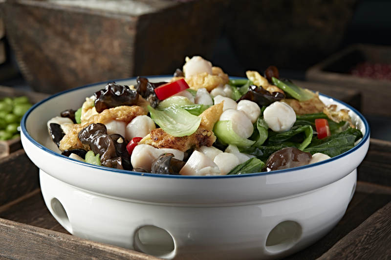 木耳煎蛋小白菜合炒扇贝丁