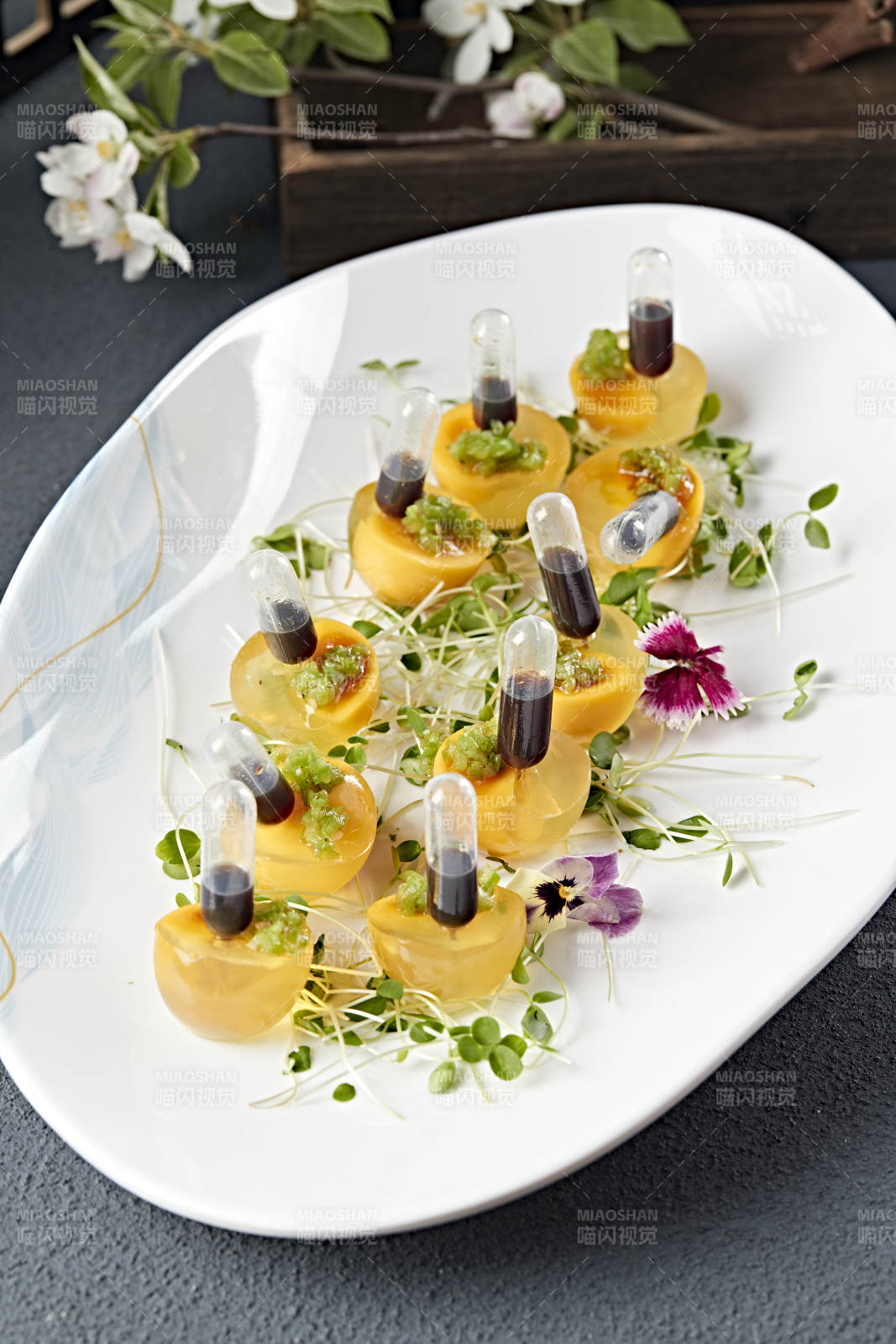 分子料理美食芒果蜜汁仿真皮蛋