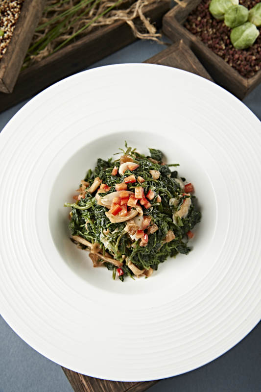 美味凉菜彩椒粒杏仁山珍菌拌蒲公英