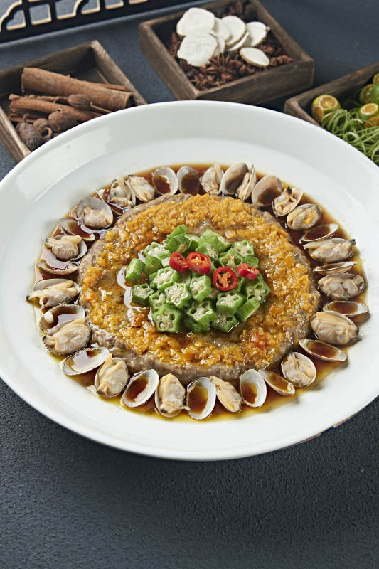 肉末饼花蛤鲜汤蒸秋葵