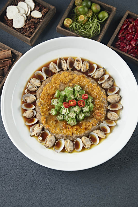 肉末饼花蛤鲜汤蒸秋葵