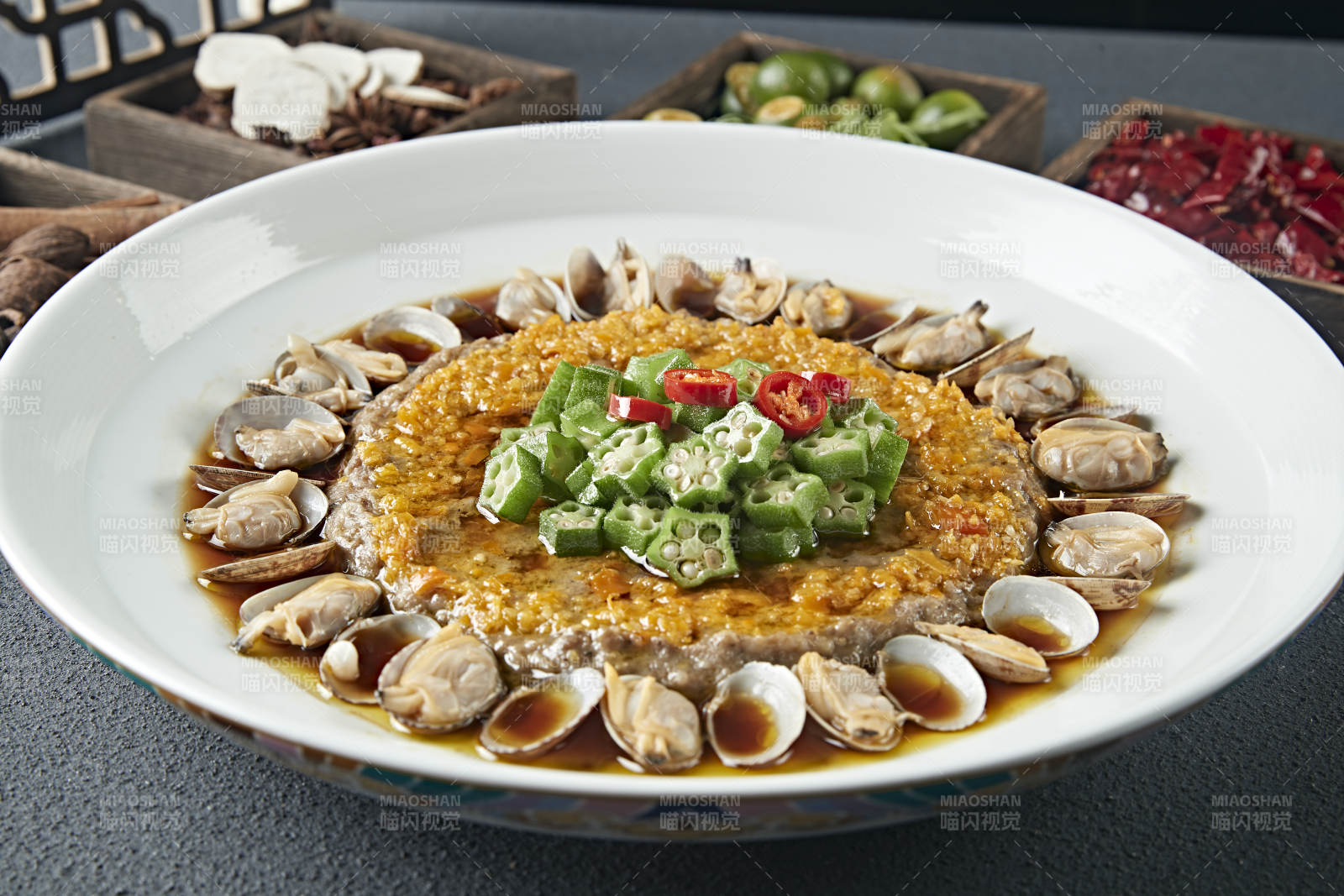 肉末饼花蛤鲜汤蒸秋葵