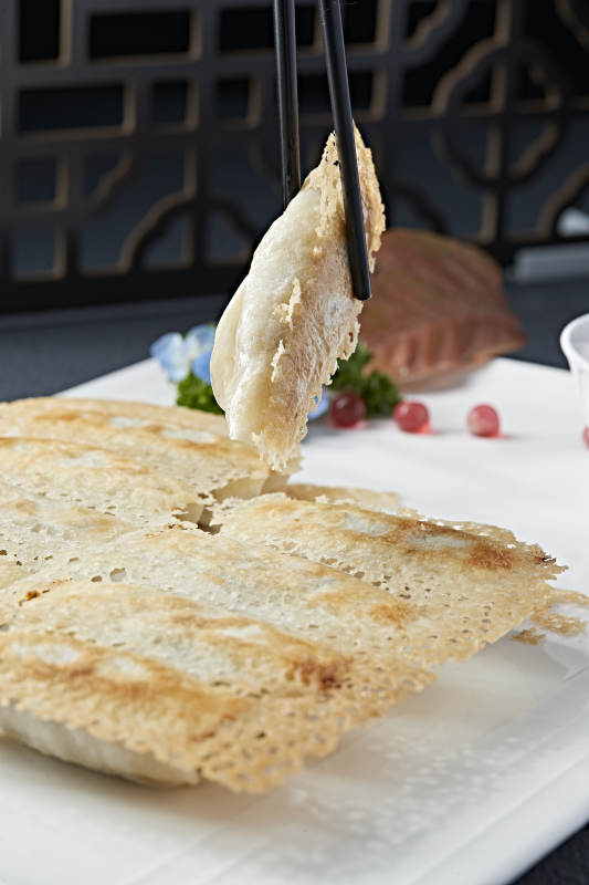 韭菜油渣馅渔网煎锅贴