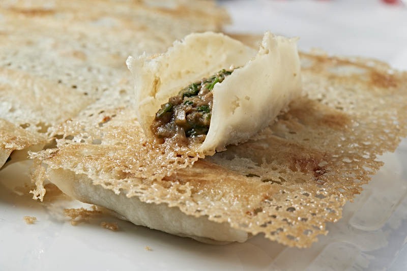 韭菜油渣馅渔网煎锅贴