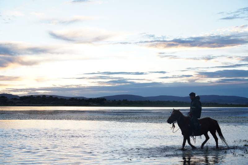 湖畔骑马剪影