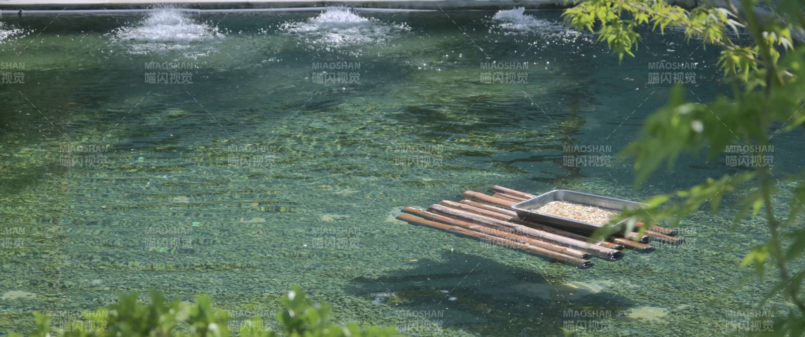 竹筏靜泊碧水間