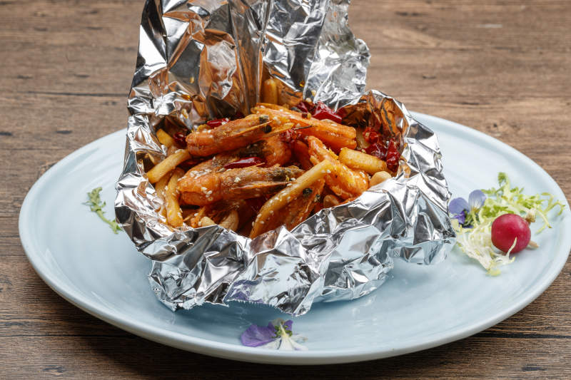 香辣锡纸薯条香锅虾