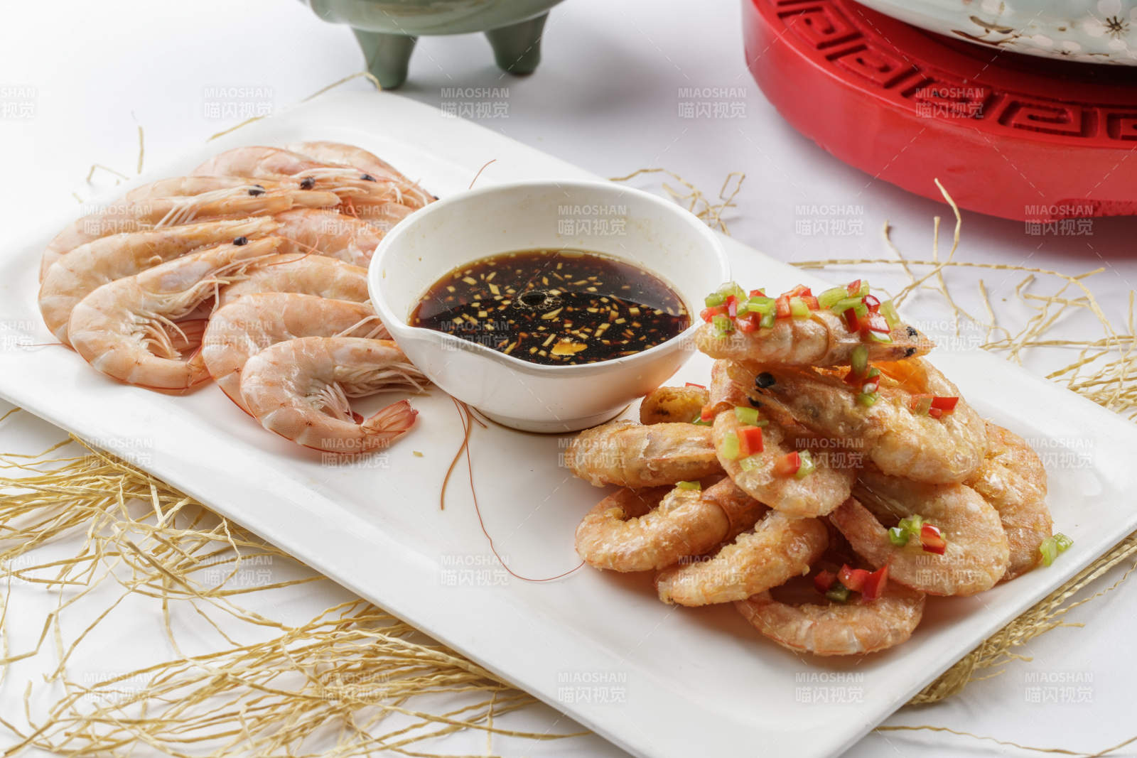 蘸汁两吃虾油炸虾盐水虾