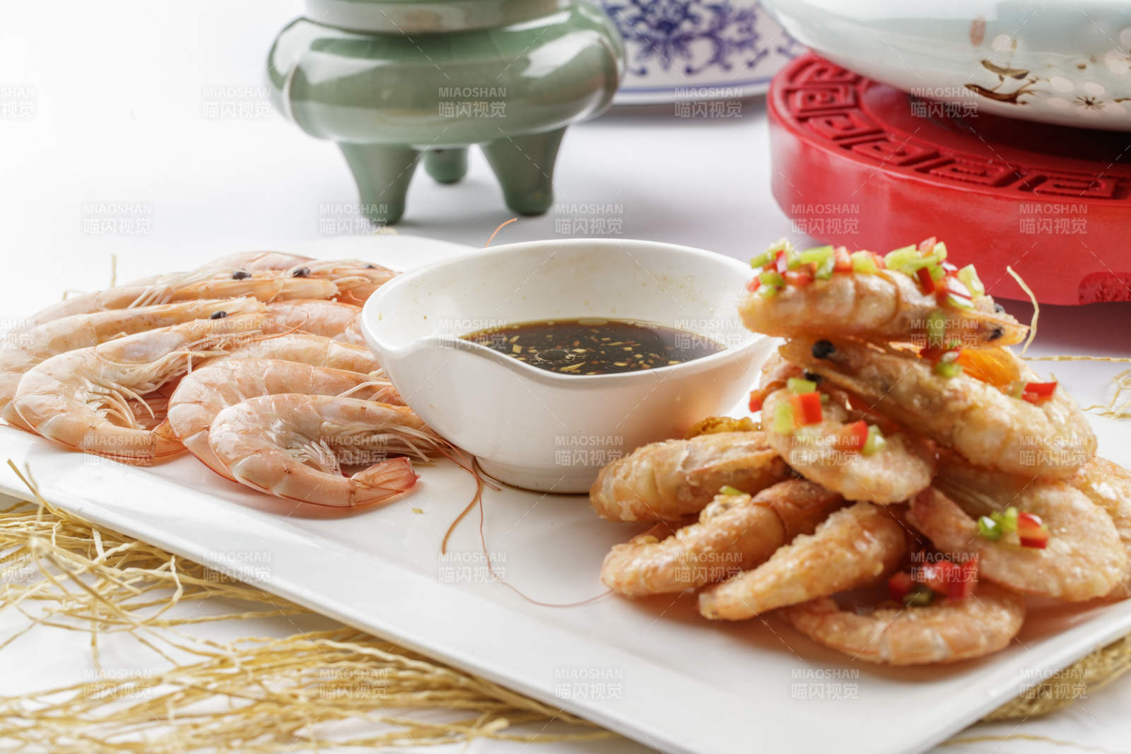 蘸汁两吃虾油炸虾盐水虾