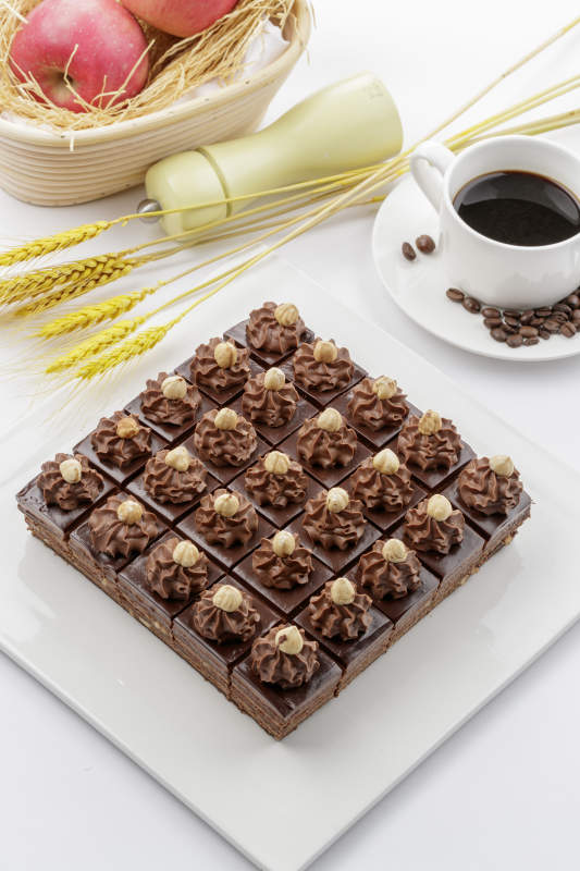 坚果巧克力慕斯蛋糕摆放在白色背景上