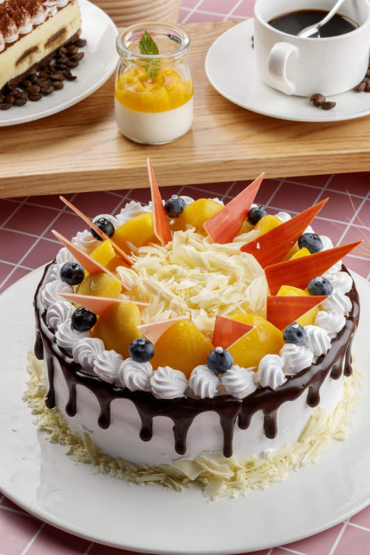 芝士水果奶油巧克力蛋糕摆放在粉色背景上