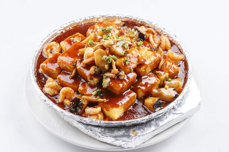 铁板虾仁茄丁白玉菇醸内酯豆腐