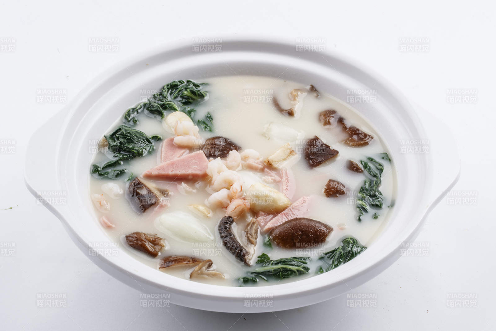 砂锅香菇小白菜虾仁火腿煲-摄影图