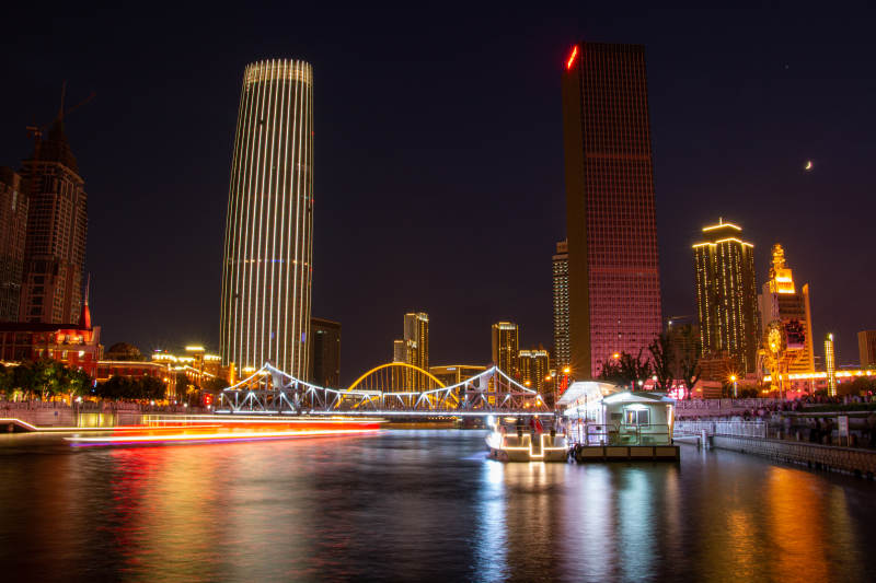 天津海河夜景城市河畔风光