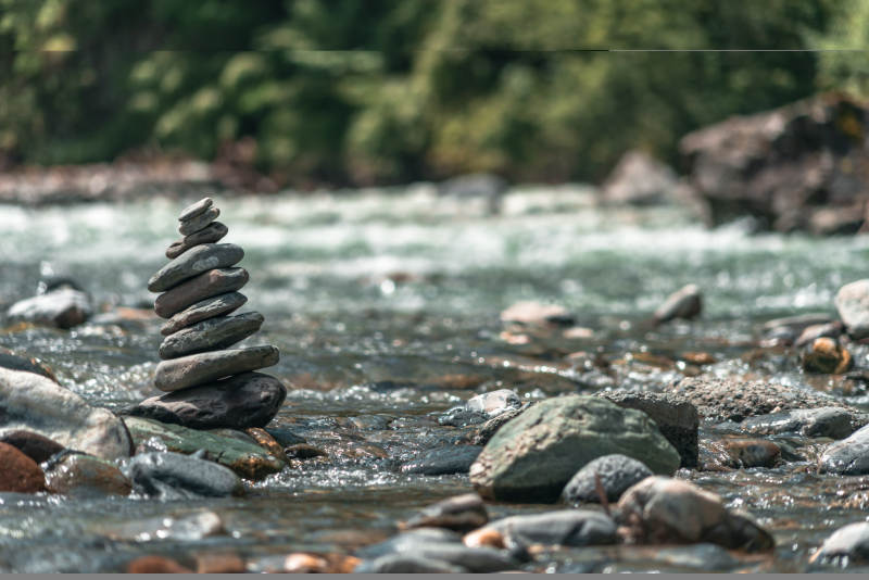 高原森林山间溪流河流清澈水流大自然石堆