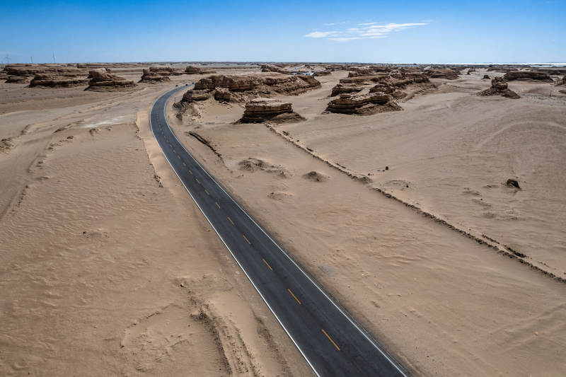 西北戈壁荒漠蜿蜒公路延伸到远方地平线航拍