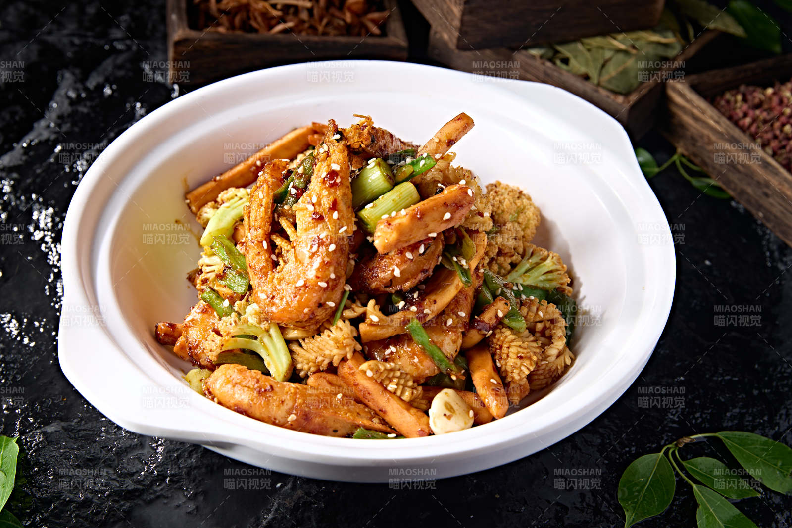 香锅鱿鱼卷土豆菜花烹大虾