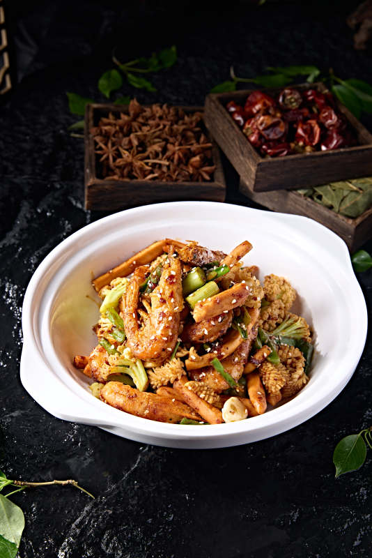 香锅鱿鱼卷土豆菜花烹大虾