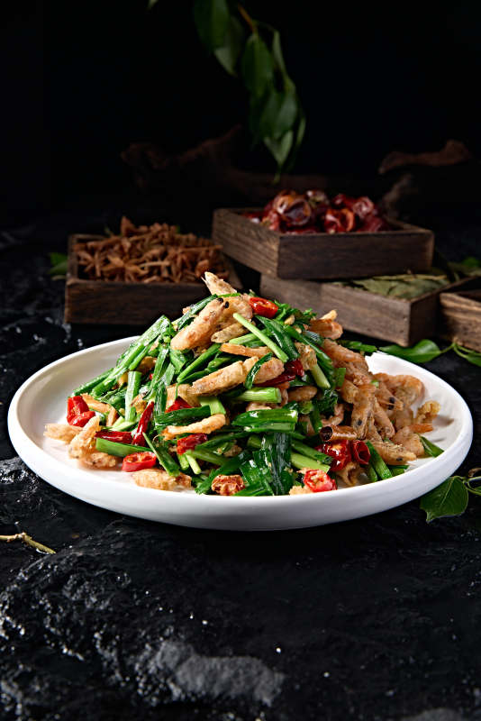 中餐美食香辣韭菜炒河虾