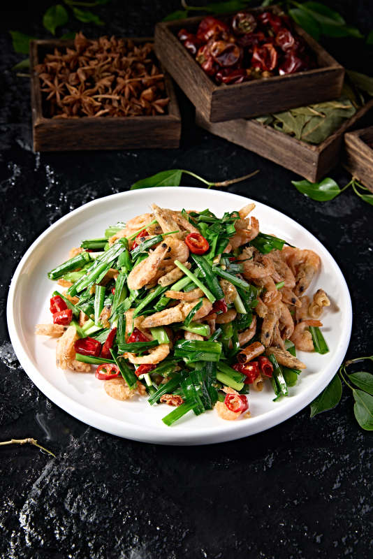 中餐美食香辣韭菜炒河虾