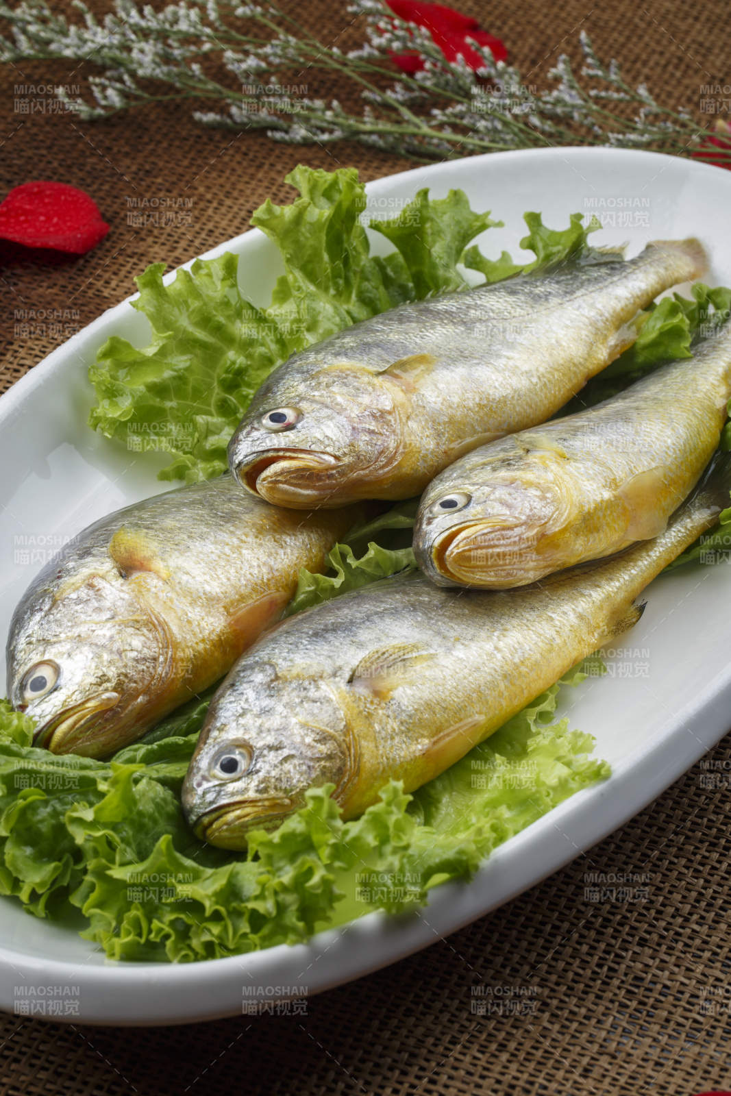 椭圆瓷盘装的小黄鱼黄瓜鱼