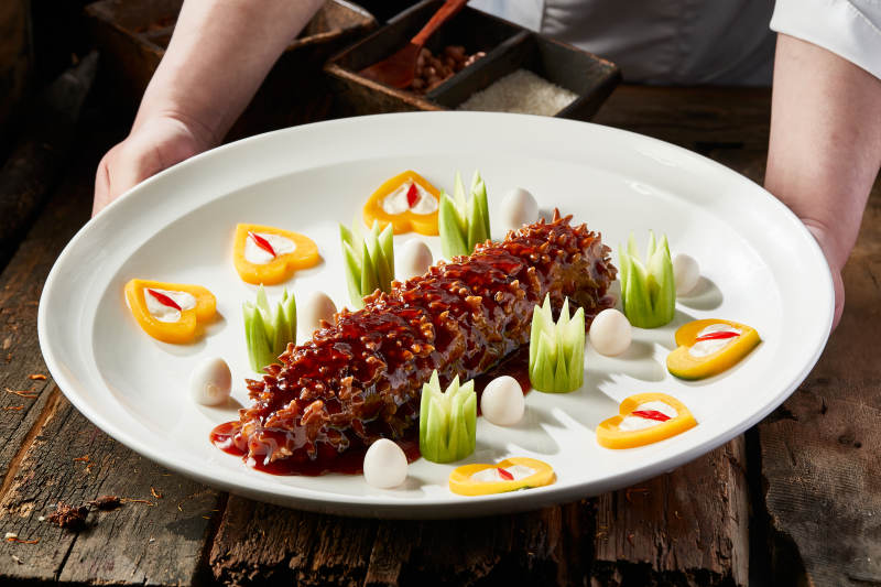 浇汁红烧寿桃梅花参