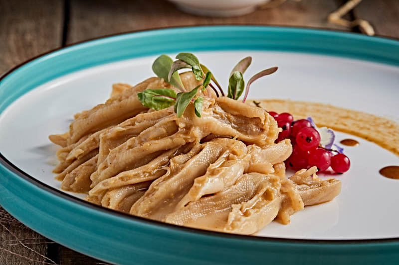 精美瓷餐具装的芥末百花炖鸭掌