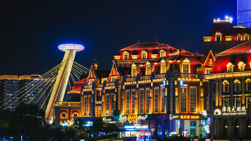 天津夜景摩天轮与建筑