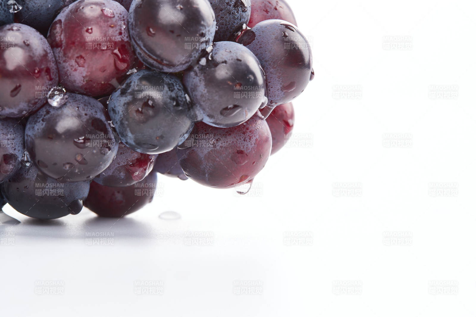 白色背景上摆放的水嫩新鲜紫葡萄