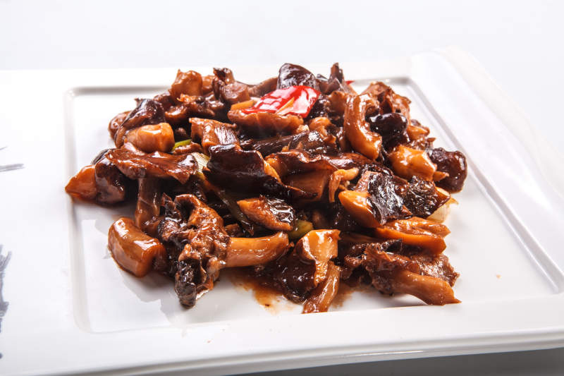 白色背景上的油焖酱爆松蘑