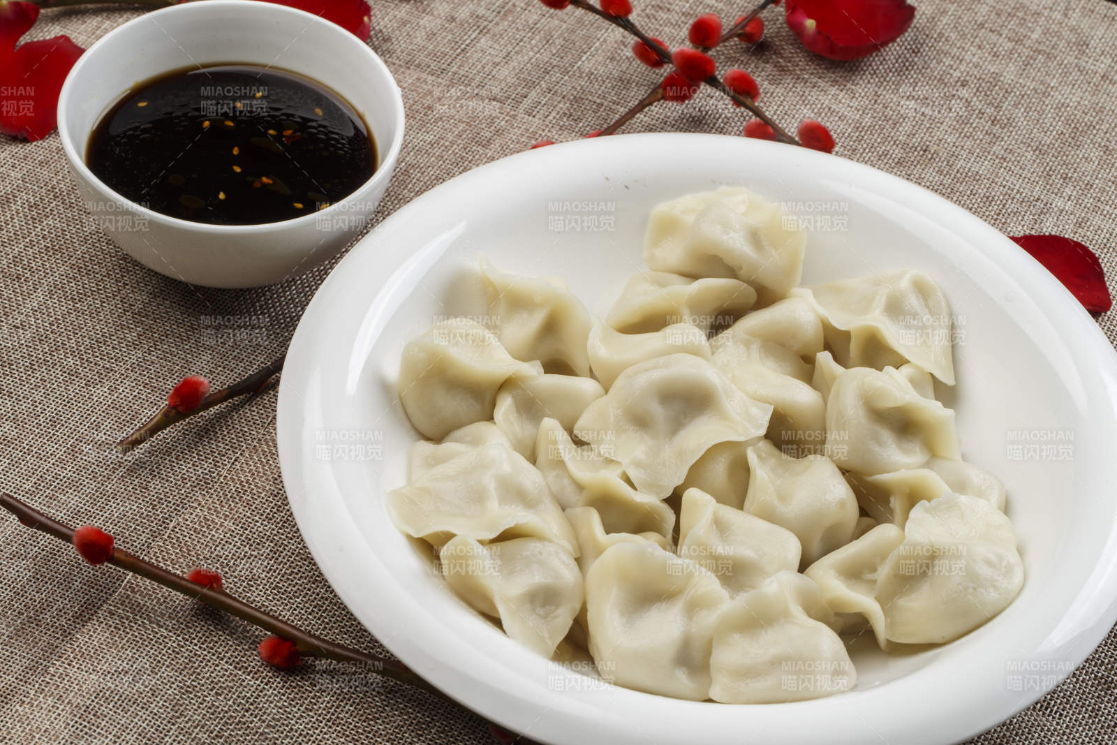 白色瓷盘装的手工猪肉水饺-摄影图