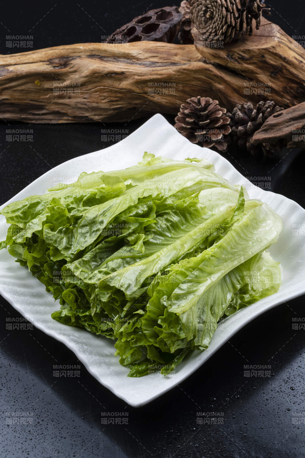 翠绿长生菜摆放在黑色背景上