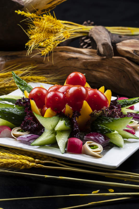 方形瓷盘装的田园大拌菜摆放在黑色背景上