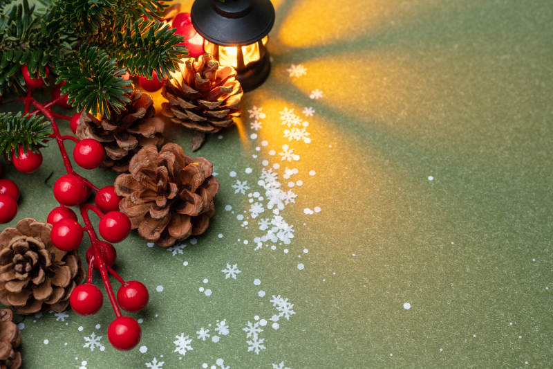 圣诞松果与红果装饰背景