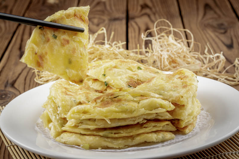 圆形白色瓷盘装的葱花饼