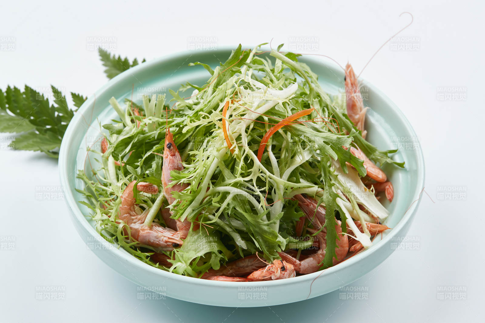 青色瓷餐具装的苦菊拌河虾