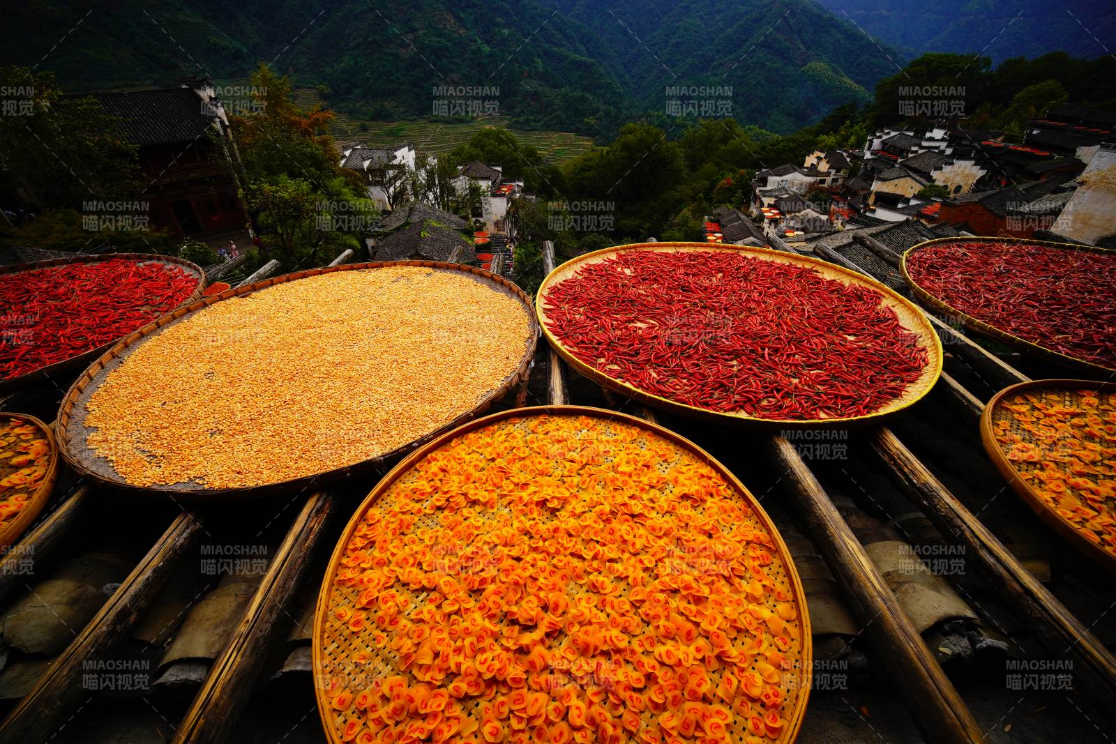 晒秋丰收图位于婺源篁岭