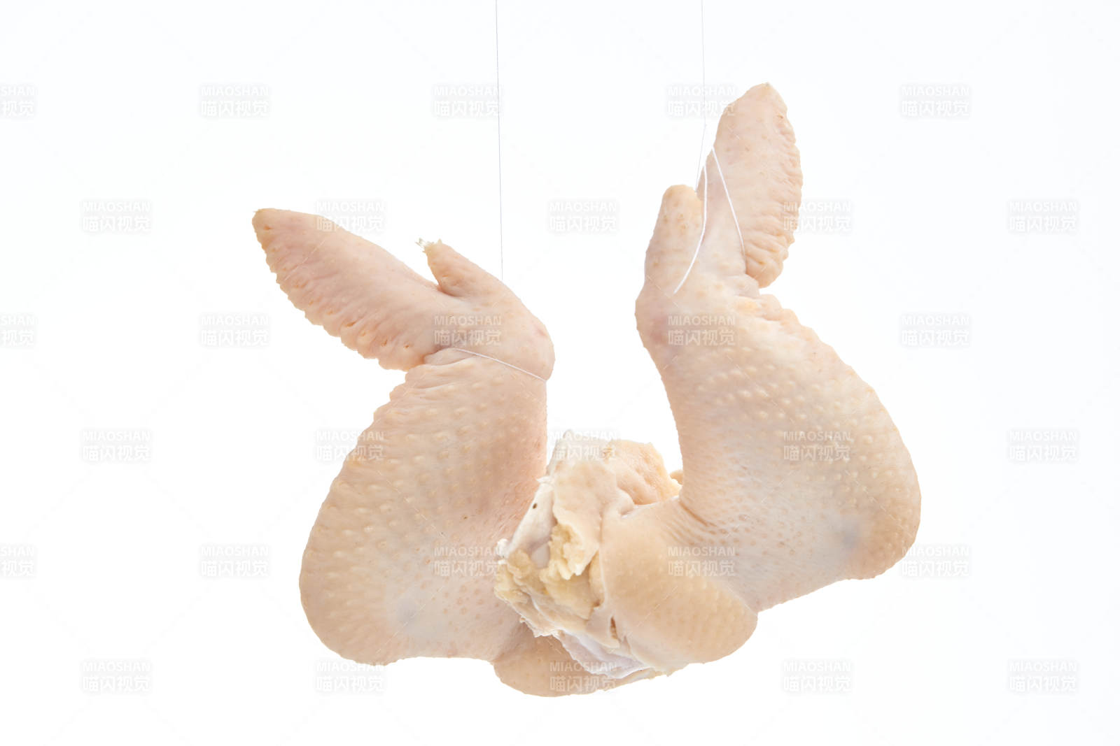 摆放在白色背景上分切好的生鲜鸡腿