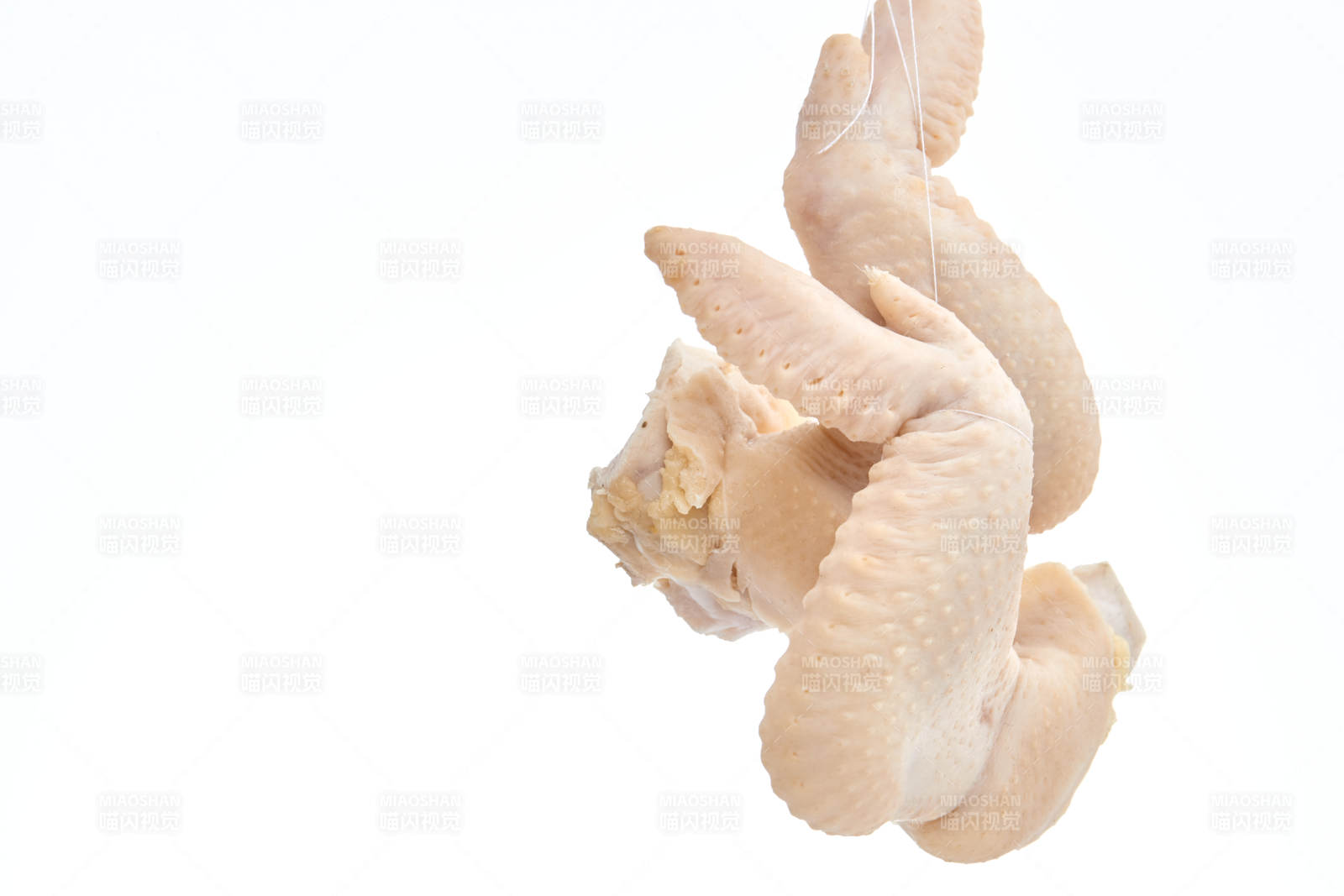 摆放在白色背景上分切好的生鲜鸡腿