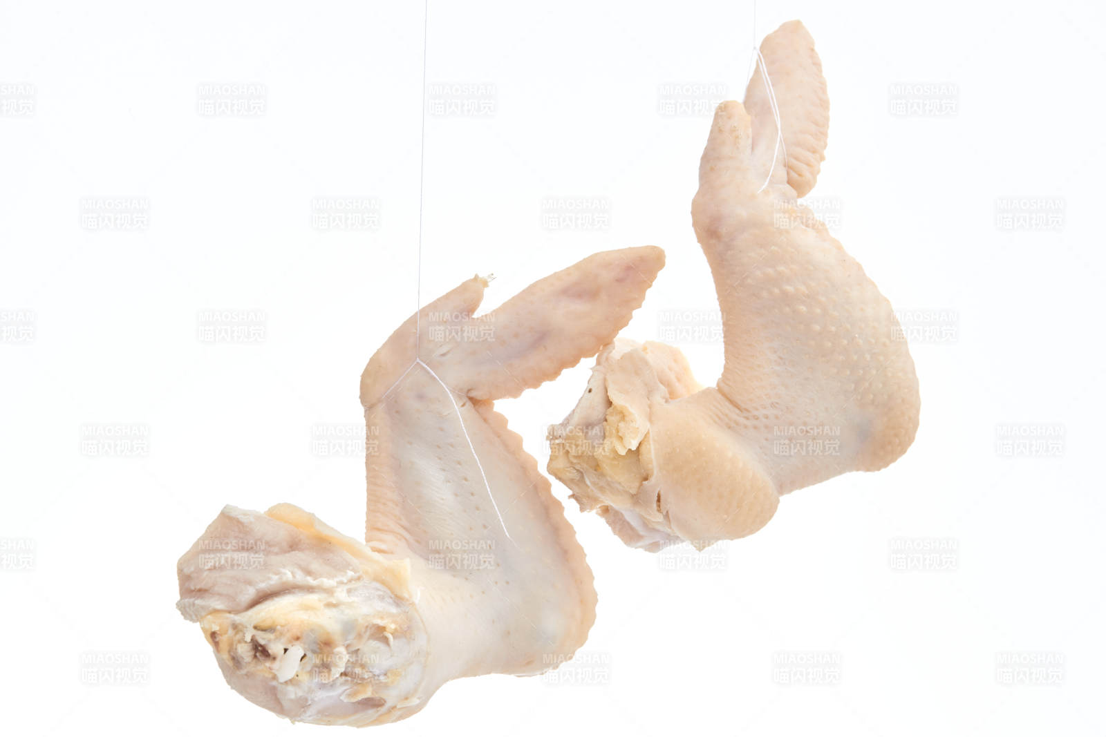 摆放在白色背景上分切好的生鲜鸡腿