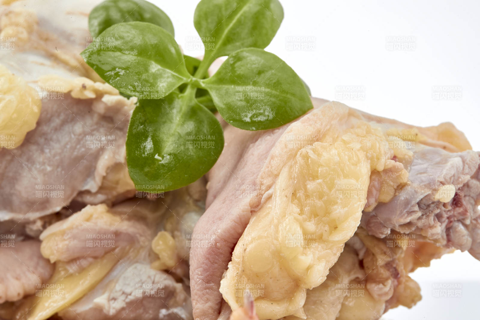 摆放在白色背景上分切好的生鲜鸡腿